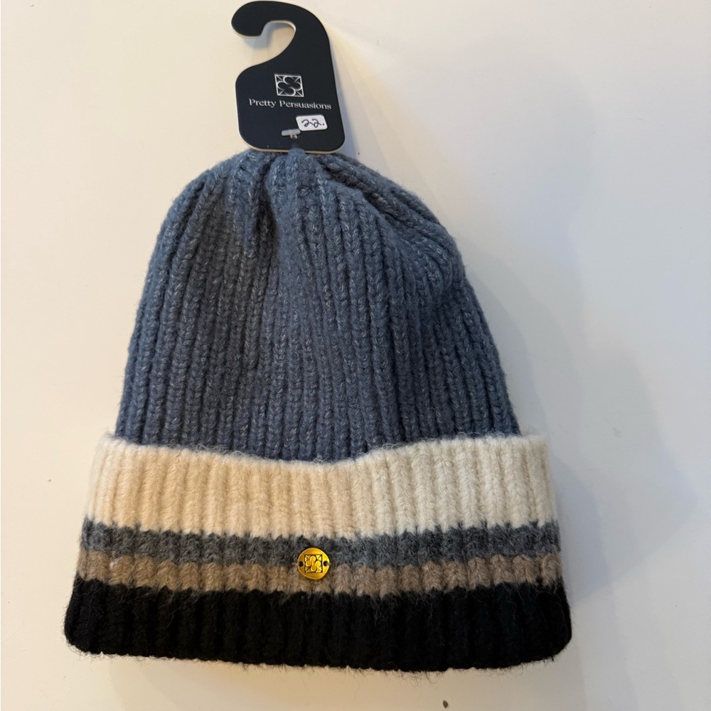 Pretty Persuasions Kids Ribbed Beanie in Blue, Cream, Gray and Black